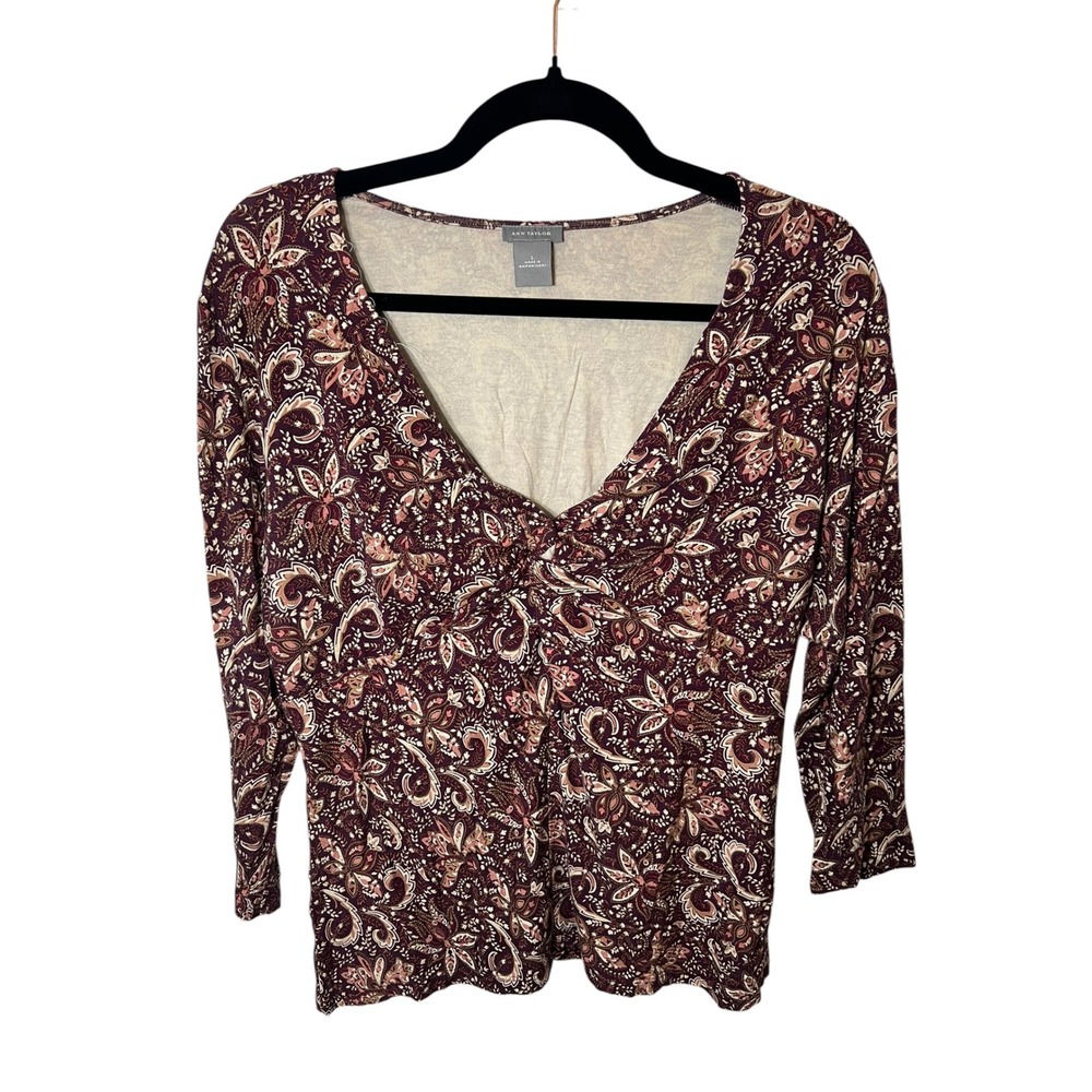 Ann Taylor Autumnal Boho V-Neck Top Burgundy Floral Twist Front Whimsigoth Large